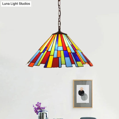 Stained Glass Cone Pendulum Light 8"/13" W- Brass Frame with Elegant Rectangle Pattern - 1 Bulb Suspended Lamp