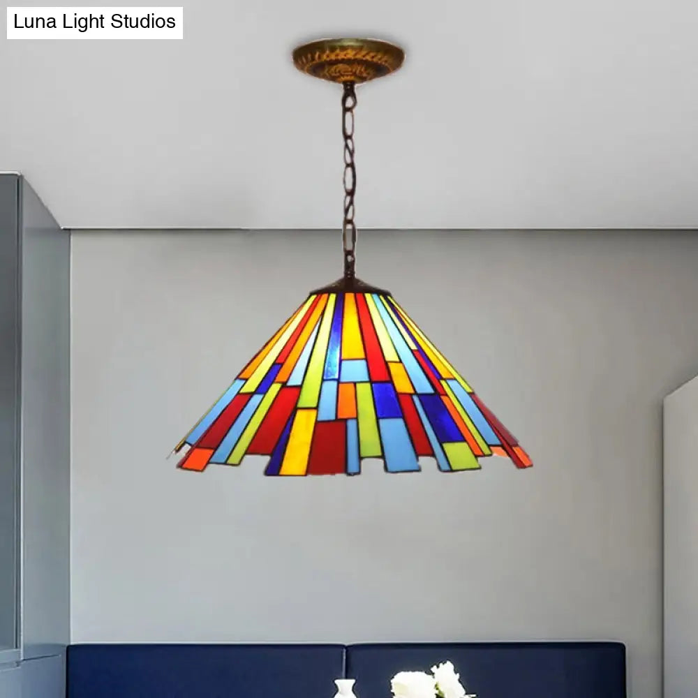 Stained Glass Cone Pendulum Light 8"/13" W- Brass Frame with Elegant Rectangle Pattern - 1 Bulb Suspended Lamp