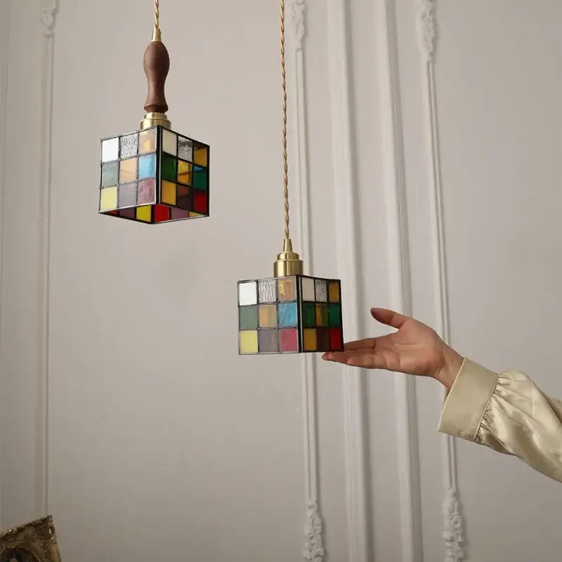 Colorful stained glass cube led pendant lamp with walnut wood handle and brass accents for bedroom decorbites cube led