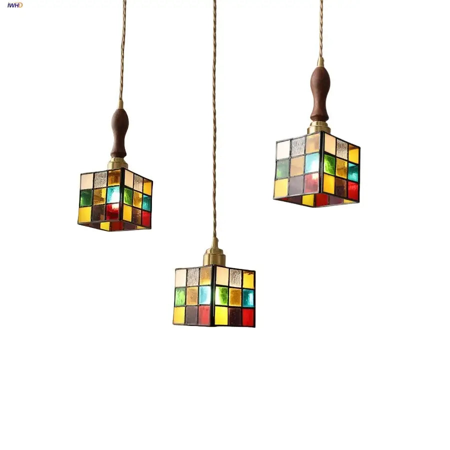 Three colorful stained glass cube led pendant lamps with walnut wood finials and brass hardware for bedroom decorbites cube led
