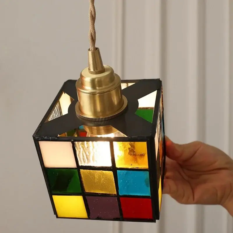Colorful stained glass cube led pendant lamp with brass fixture braided cord and walnut wood for bedroom decorbites cube led