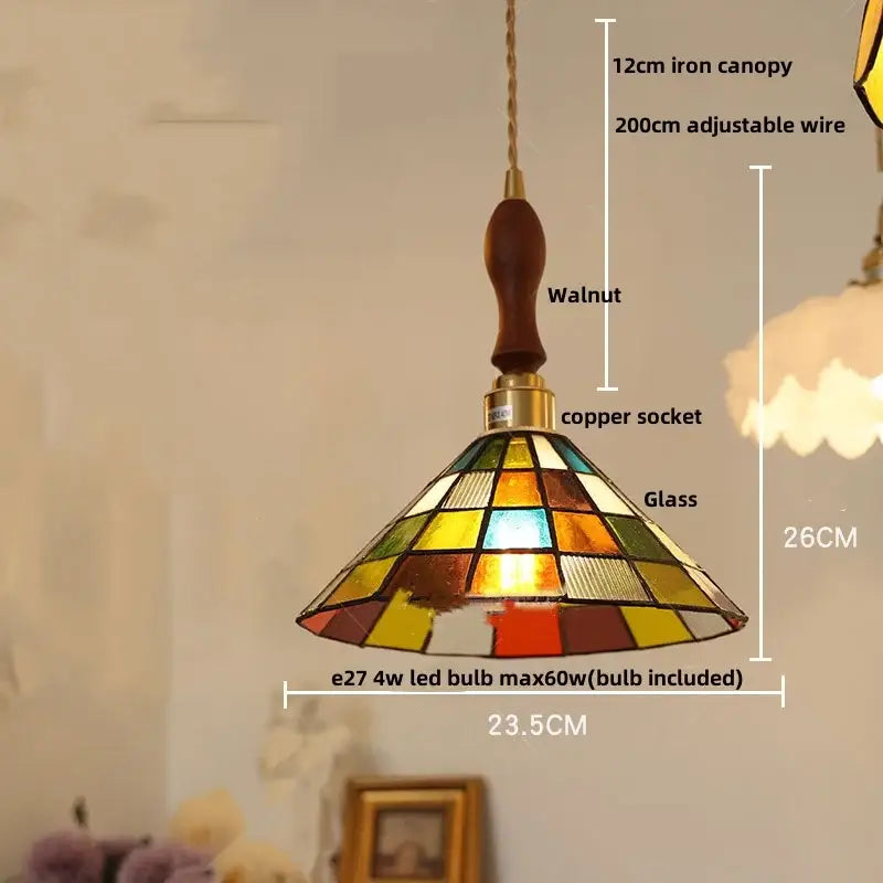 Colorful stained glass cube led pendant lamp with walnut-finished iron canopy and copper socket for bedroom decorbites cube led