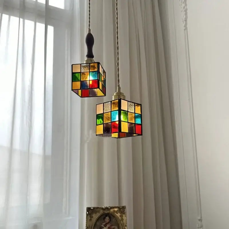 Two colorful stained glass cube led pendant lamps with mosaic panels and walnut wood for bedroom decorbites cube led