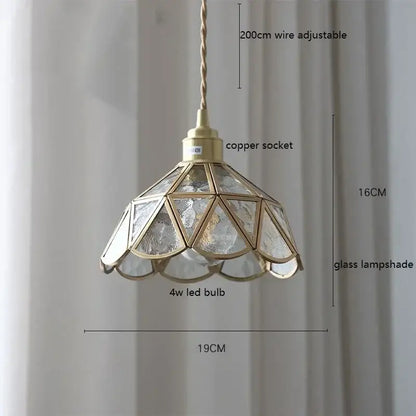 Antique brass-finished pendant light with geometric faceted glass shade featuring frosted and clear panels for kitchen decorbites colorful glass copper finish