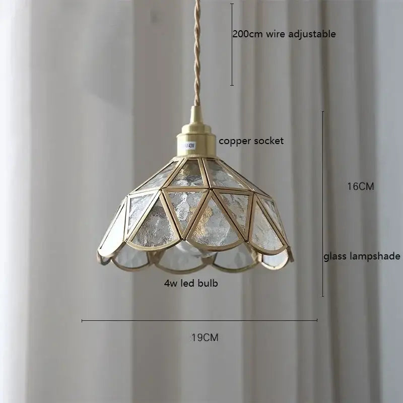 Antique brass-finished pendant light with geometric faceted glass shade featuring frosted and clear panels for kitchen decorbites colorful glass copper finish