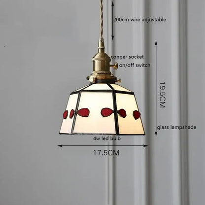 Antique-style pendant light with brass copper socket and cream stained glass panels with red fish motifs for kitchen decorbites colorful glass copper finish