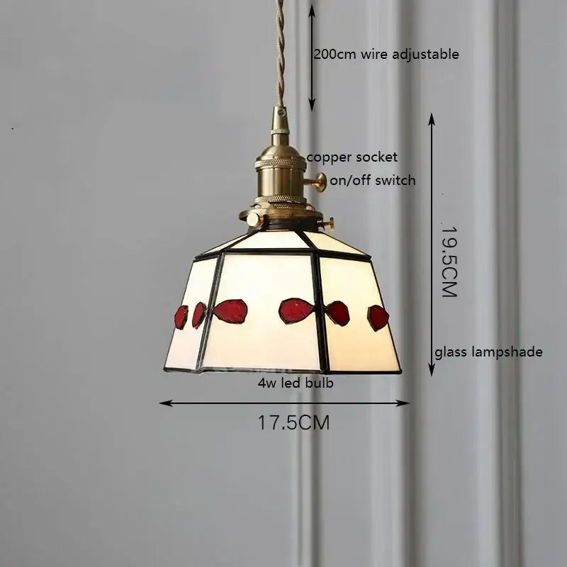 Antique-style pendant light with brass copper socket and cream stained glass panels with red fish motifs for kitchen decorbites colorful glass copper finish