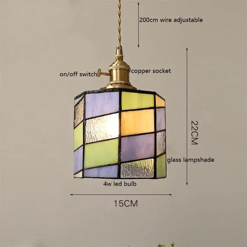 Colorful glass copper stained glass floral pendant light with brass finish and adjustable copper wire chain for kitchen decorbites