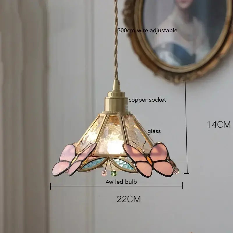 Delicate pink butterfly-themed stained glass pendant light with copper socket and adjustable wire for kitchen decorbites colorful glass copper finish