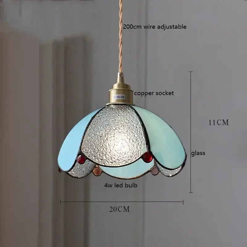 Delicate stained glass floral pendant light with colorful glass copper finish featuring mint silver and red beads