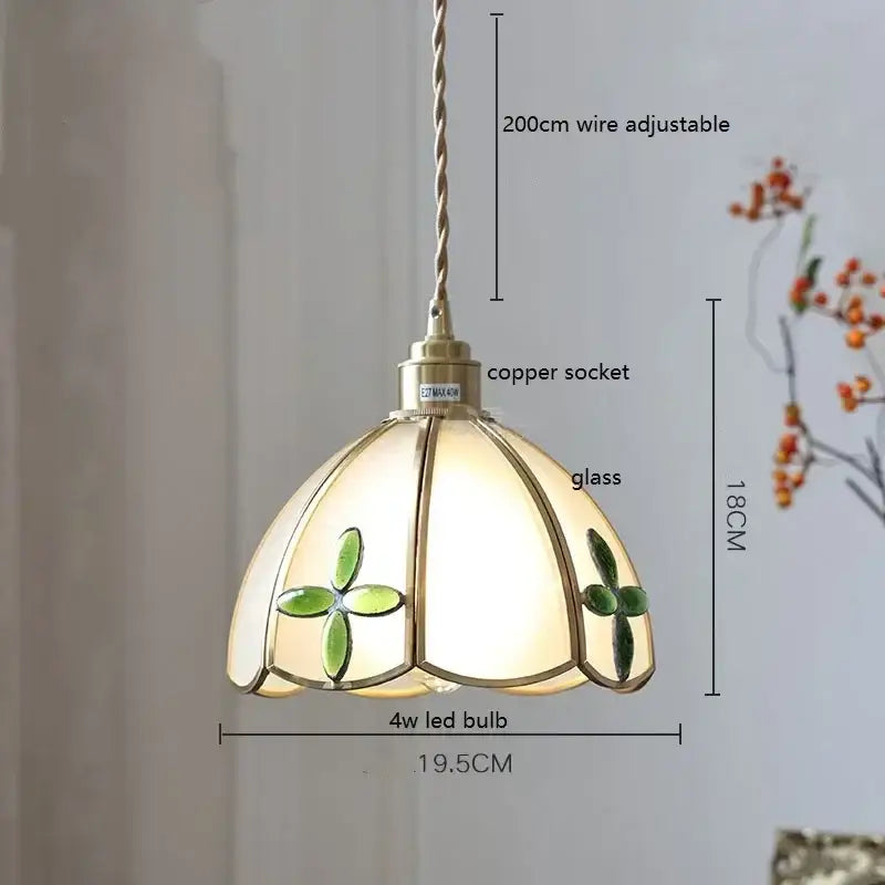 Stained glass floral pendant light with cream and green colorful glass and copper finish for kitchen decorbites colorful glass copper