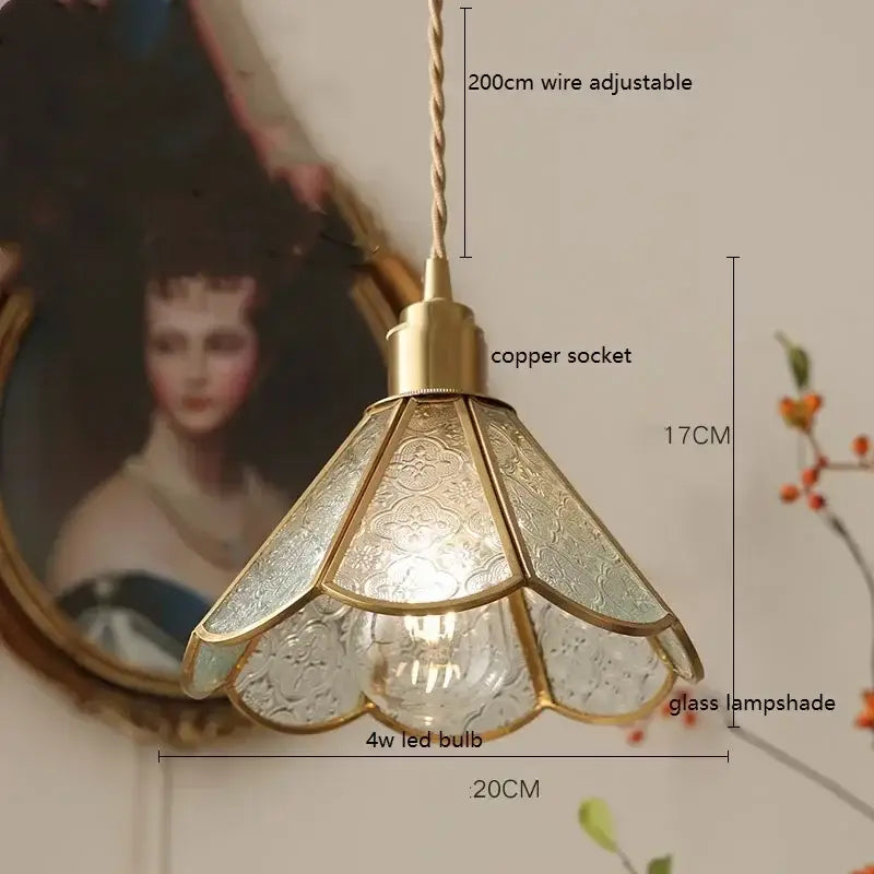 Stained glass floral pendant light with colorful glass copper finish and ornate embossed lampshade for kitchen decorbites