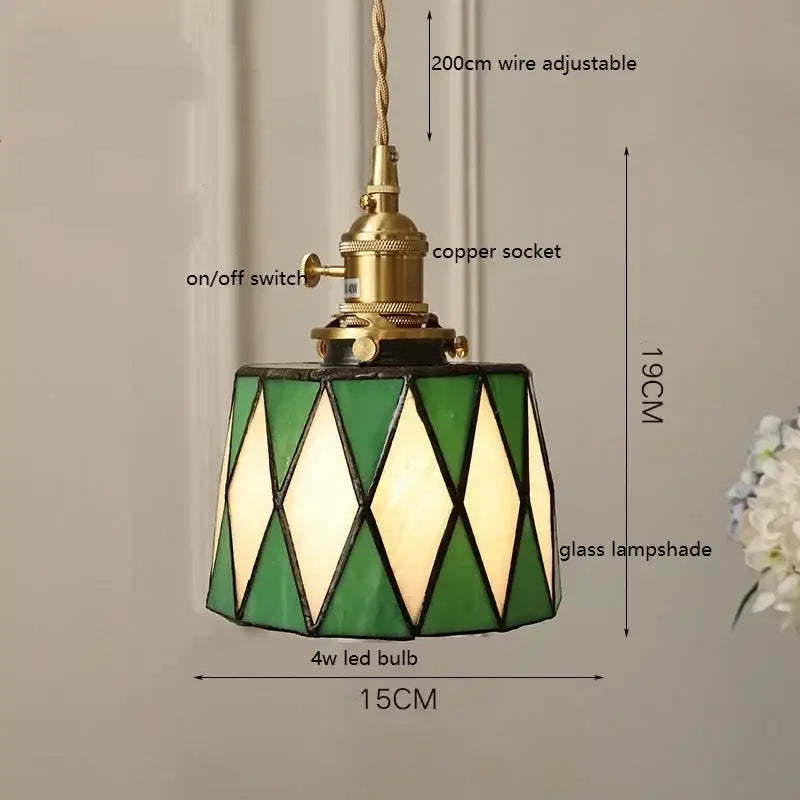 Stained glass floral pendant light with green and cream diamond pattern and brass hardware for kitchen decorbites colorful glass copper finish