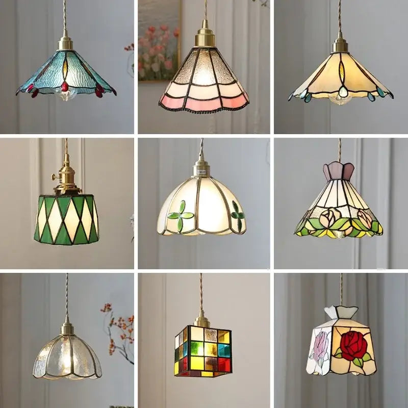 Stained glass floral pendant light with colorful glass copper panels in blue pink green yellow and red for kitchen decorbites colorful glass