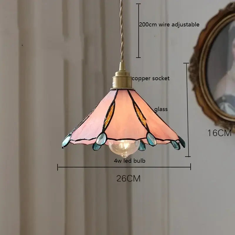 Pink stained glass pendant light with copper socket and teal teardrop accents for kitchen decorbites colorful glass copper finish