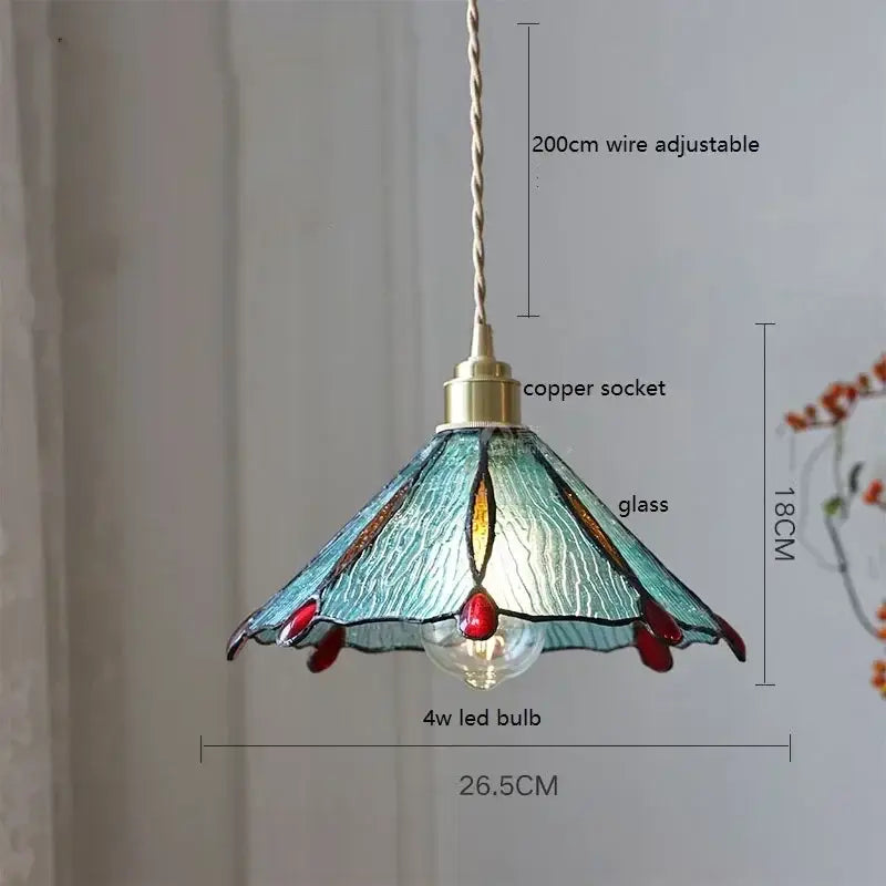 Teal and red stained glass pendant light with brass copper socket and adjustable wire from decorbites colorful glass copper finish