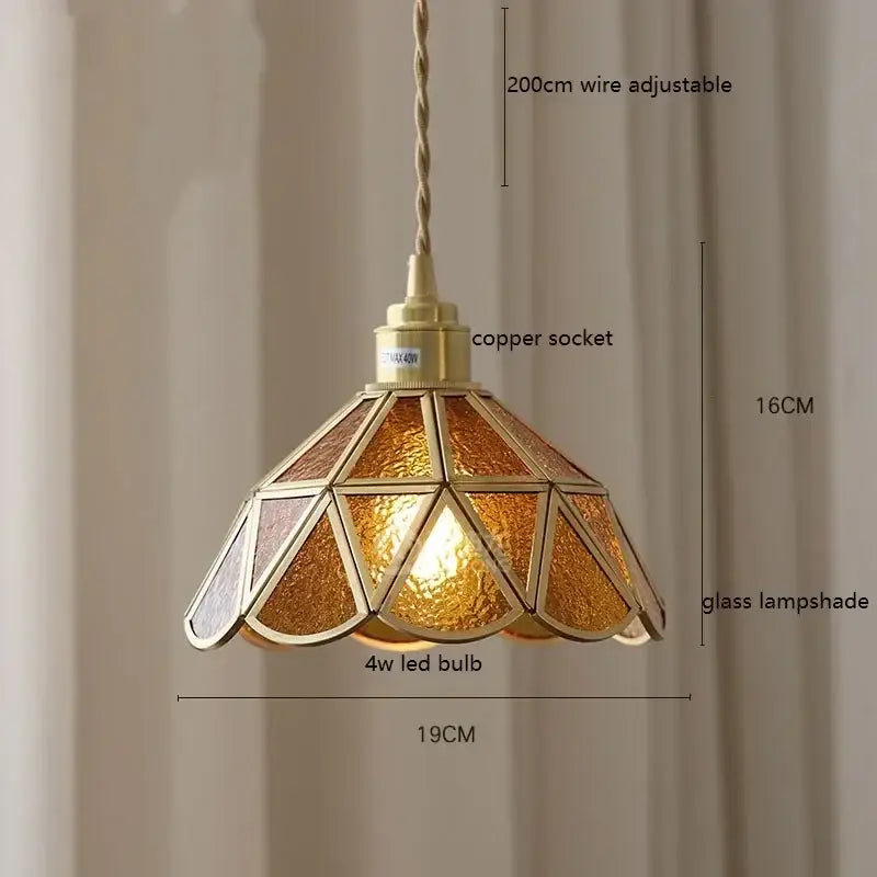 Stained glass floral pendant light with colorful glass copper amber panels and copper socket for kitchen decorbites colorful glass