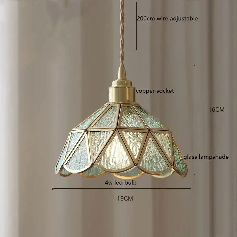Stained glass floral pendant light with textured teal and clear colorful glass copper panels and brass socket for kitchen decorbites colorful glass copper finish