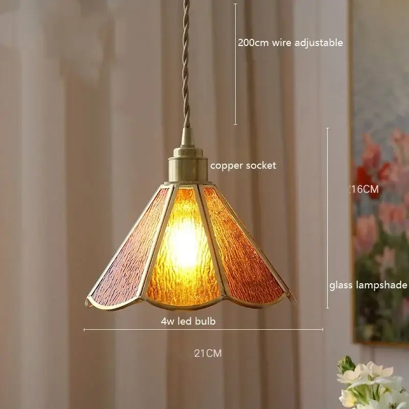 Stained glass floral pendant light in warm amber with colorful glass copper finish for kitchen decorbites pendant light