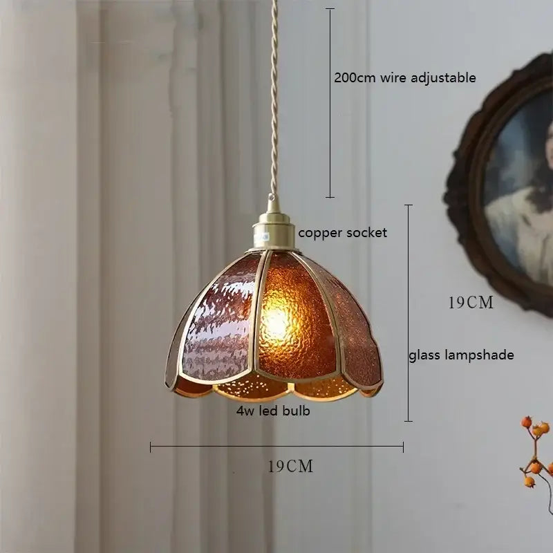 Warm amber stained glass floral pendant light with copper finish and adjustable wire by decorbites colorful glass copper