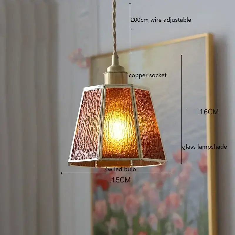 Stained glass floral pendant light with warm amber textured glass and colorful glass copper finish for kitchen decorbites