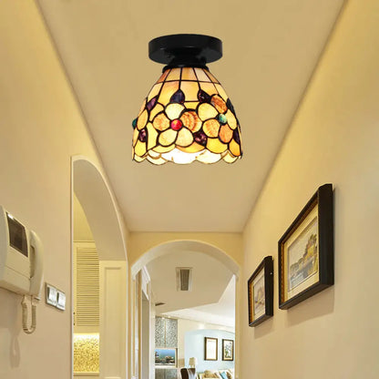 DecorBites™ DecorBites™ Stained Glass Flower Pattern Ceiling Light - Tiffany Style Flush Mount with 1 Bulb - Black/Chrome Finish