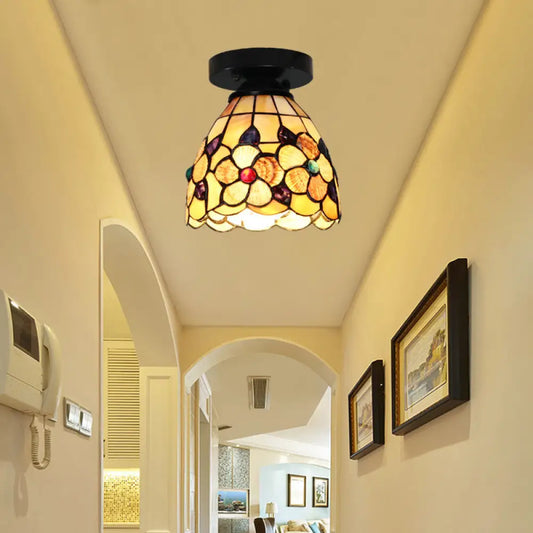 DecorBites™ DecorBites™ Stained Glass Flower Pattern Ceiling Light - Tiffany Style Flush Mount with 1 Bulb - Black/Chrome Finish