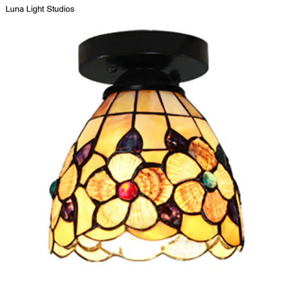 DecorBites™ DecorBites™ Stained Glass Flower Pattern Ceiling Light - Tiffany Style Flush Mount with 1 Bulb - Black/Chrome Finish