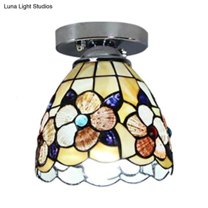 DecorBites™ DecorBites™ Stained Glass Flower Pattern Ceiling Light - Tiffany Style Flush Mount with 1 Bulb - Black/Chrome Finish