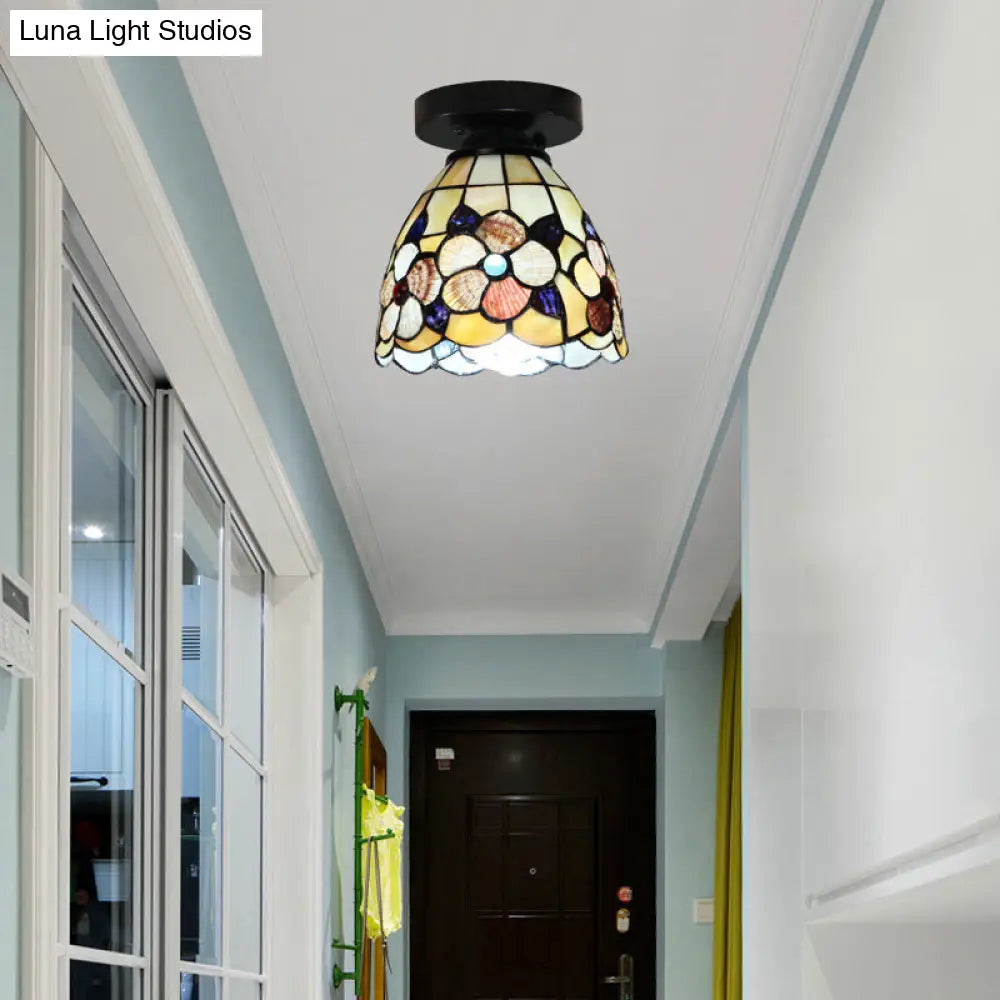 DecorBites™ DecorBites™ Stained Glass Flower Pattern Ceiling Light - Tiffany Style Flush Mount with 1 Bulb - Black/Chrome Finish