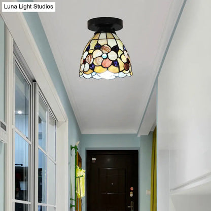 DecorBites™ DecorBites™ Stained Glass Flower Pattern Ceiling Light - Tiffany Style Flush Mount with 1 Bulb - Black/Chrome Finish