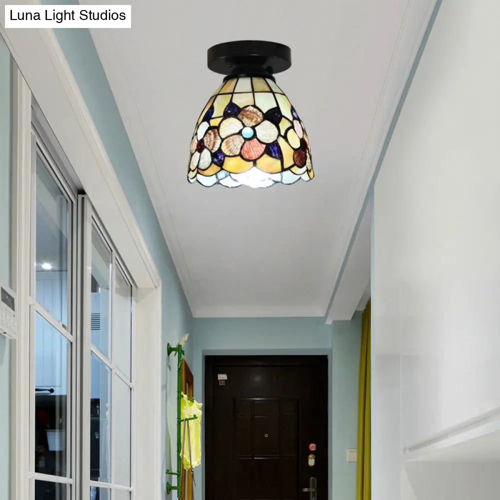 DecorBites™ DecorBites™ Stained Glass Flower Pattern Ceiling Light - Tiffany Style Flush Mount with 1 Bulb - Black/Chrome Finish