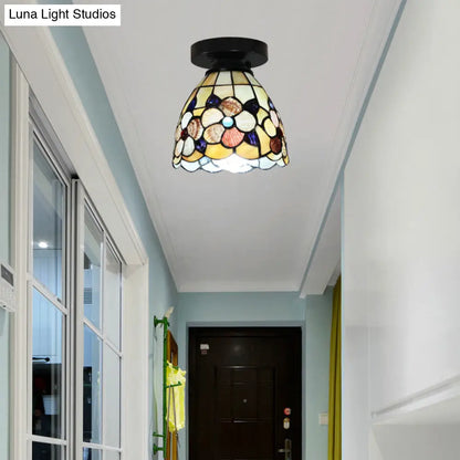 DecorBites™ DecorBites™ Stained Glass Flower Pattern Ceiling Light - Tiffany Style Flush Mount with 1 Bulb - Black/Chrome Finish