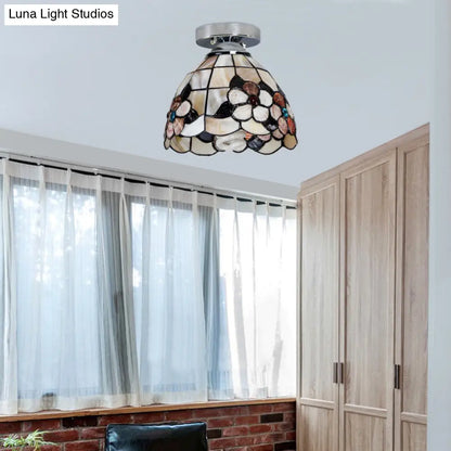 DecorBites™ DecorBites™ Stained Glass Flower Pattern Ceiling Light - Tiffany Style Flush Mount with 1 Bulb - Black/Chrome Finish