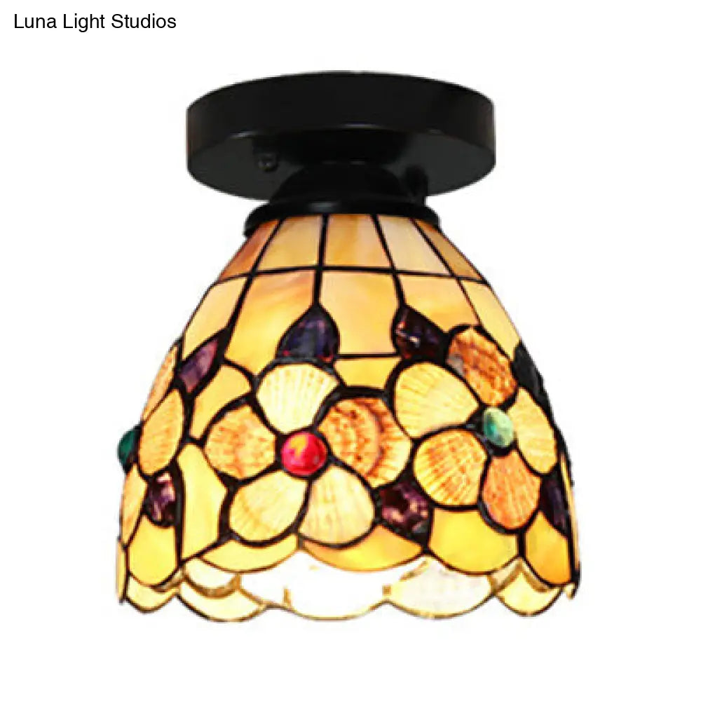 DecorBites™ DecorBites™ Stained Glass Flower Pattern Ceiling Light - Tiffany Style Flush Mount with 1 Bulb - Black/Chrome Finish