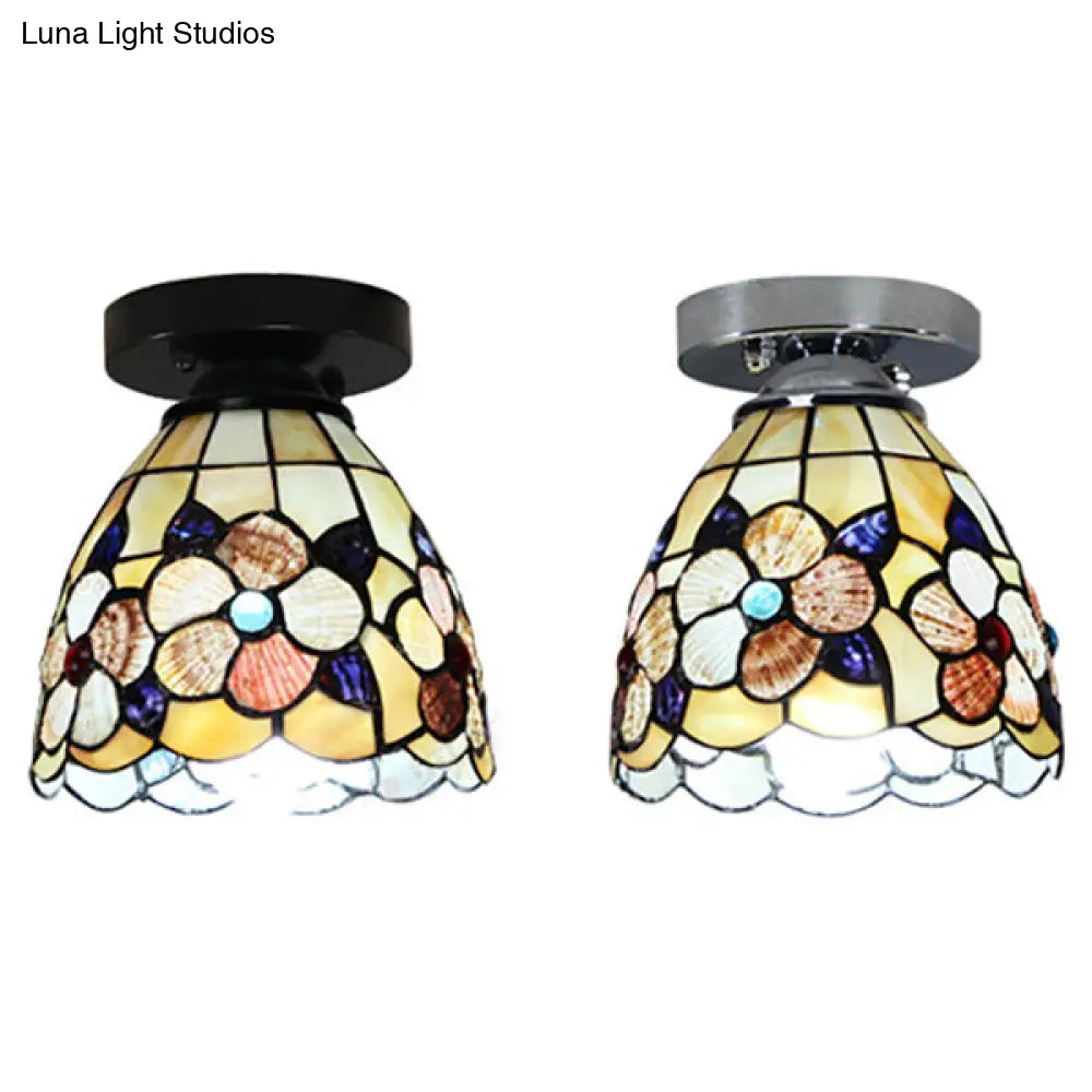 DecorBites™ DecorBites™ Stained Glass Flower Pattern Ceiling Light - Tiffany Style Flush Mount with 1 Bulb - Black/Chrome Finish
