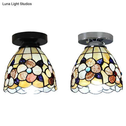 DecorBites™ DecorBites™ Stained Glass Flower Pattern Ceiling Light - Tiffany Style Flush Mount with 1 Bulb - Black/Chrome Finish