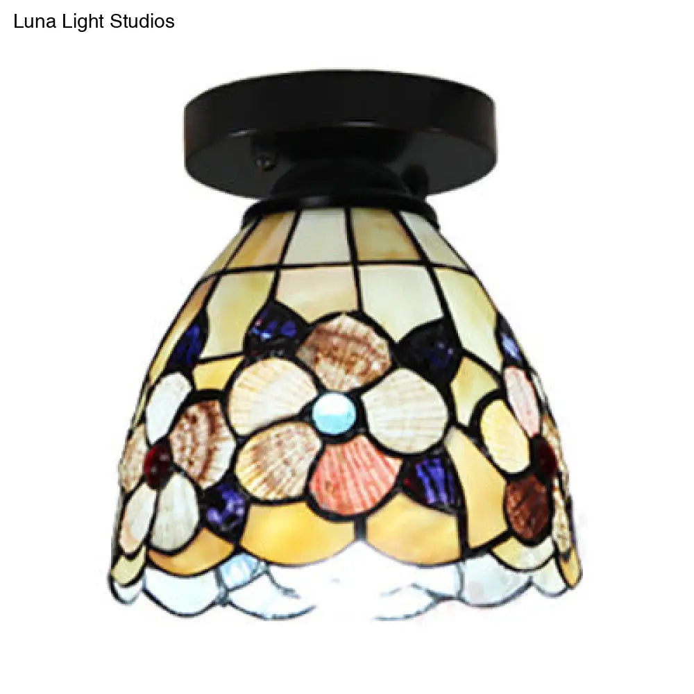 DecorBites™ DecorBites™ Stained Glass Flower Pattern Ceiling Light - Tiffany Style Flush Mount with 1 Bulb - Black/Chrome Finish