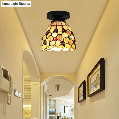 DecorBites™ DecorBites™ Stained Glass Flower Pattern Ceiling Light - Tiffany Style Flush Mount with 1 Bulb - Black/Chrome Finish