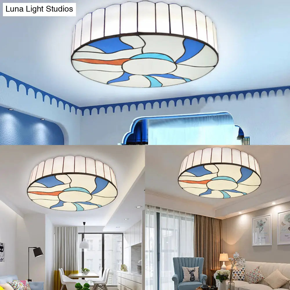DecorBites™ DecorBites™ Stained Glass Flush Mount Ceiling Light in Modern Style - 16"/19.5" White Drum Shade for Living Room