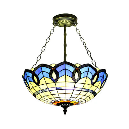 DecorBites™ DecorBites™ Stained Glass Inverted Ceiling Lamp - Tiffany Baroque Semi Flushmount Light in Beige/Yellow/Antique Bronze - Multiple Sizes Available