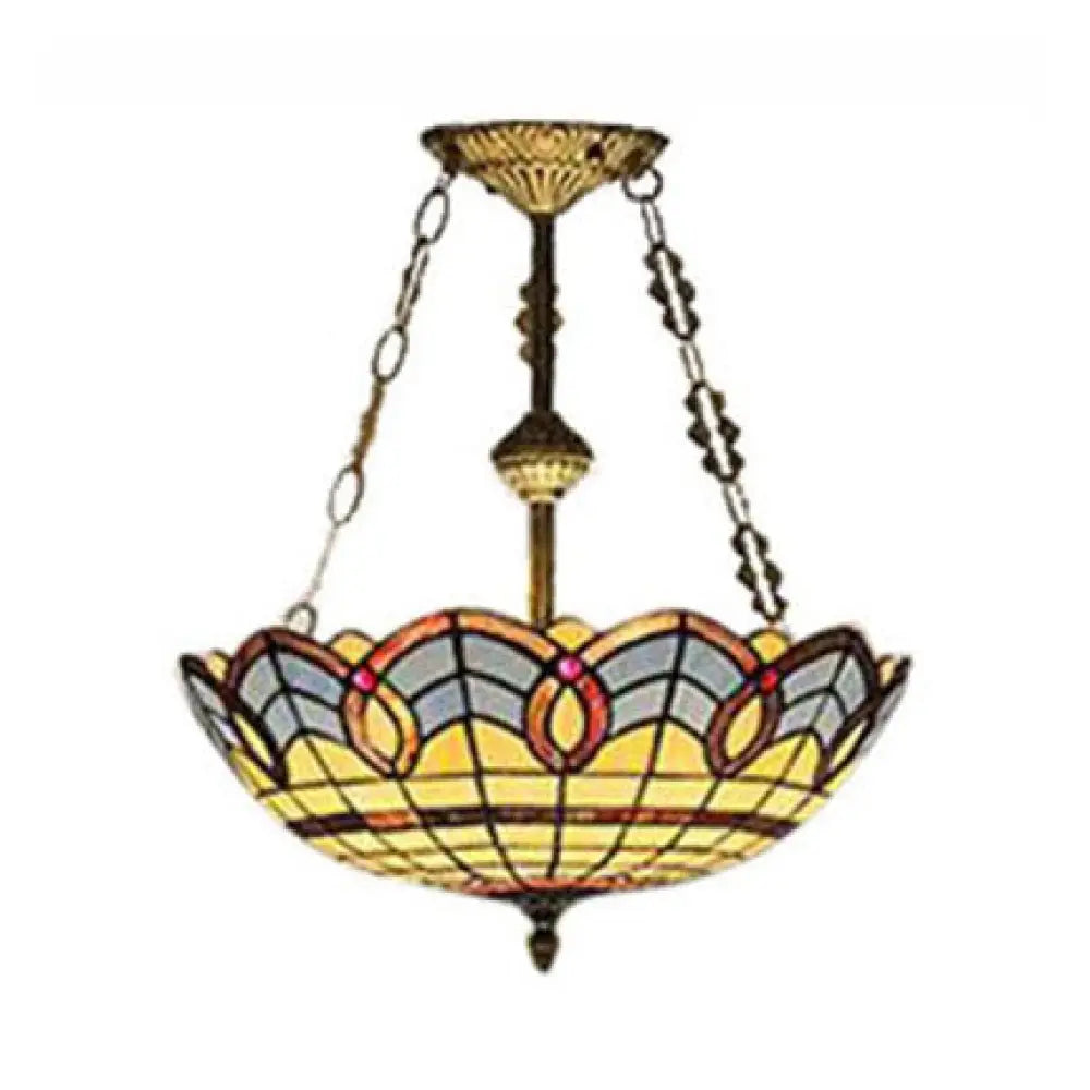 DecorBites™ DecorBites™ Stained Glass Inverted Ceiling Lamp - Tiffany Baroque Semi Flushmount Light in Beige/Yellow/Antique Bronze - Multiple Sizes Available