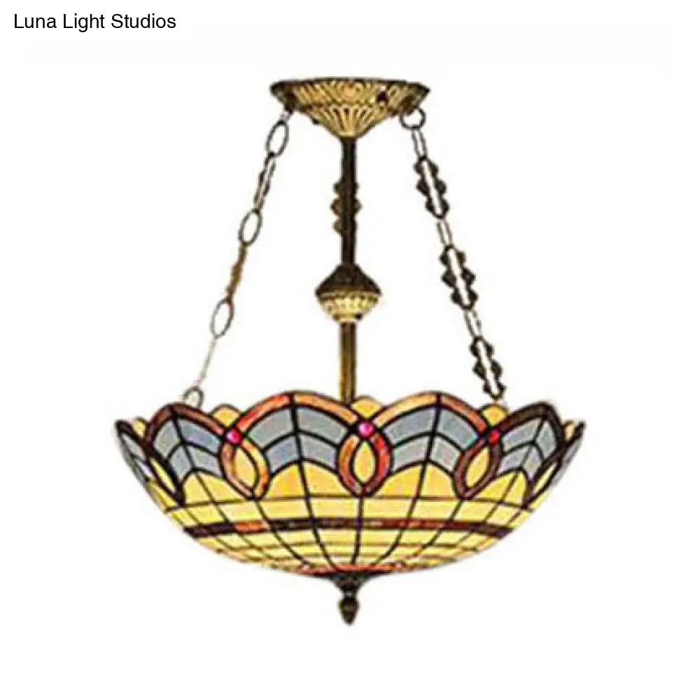 DecorBites™ DecorBites™ Stained Glass Inverted Ceiling Lamp - Tiffany Baroque Semi Flushmount Light in Beige/Yellow/Antique Bronze - Multiple Sizes Available