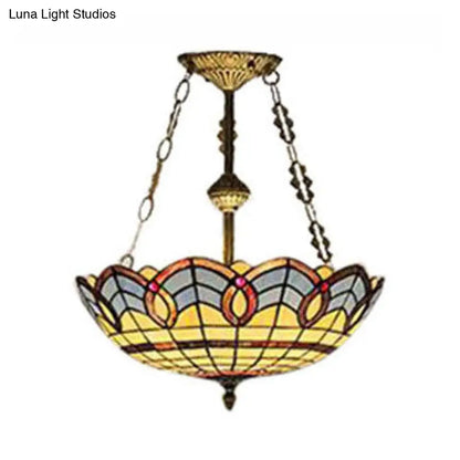 DecorBites™ DecorBites™ Stained Glass Inverted Ceiling Lamp - Tiffany Baroque Semi Flushmount Light in Beige/Yellow/Antique Bronze - Multiple Sizes Available