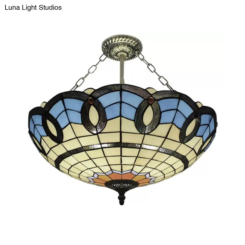 DecorBites™ DecorBites™ Stained Glass Inverted Ceiling Lamp - Tiffany Baroque Semi Flushmount Light in Beige/Yellow/Antique Bronze - Multiple Sizes Available