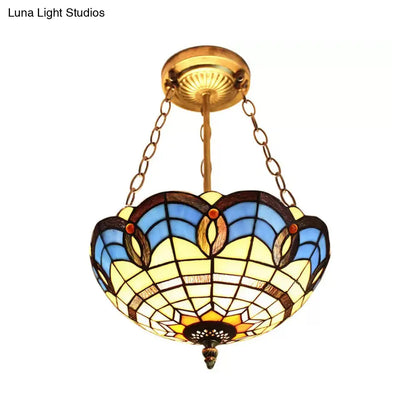 DecorBites™ DecorBites™ Stained Glass Inverted Ceiling Lamp - Tiffany Baroque Semi Flushmount Light in Beige/Yellow/Antique Bronze - Multiple Sizes Available