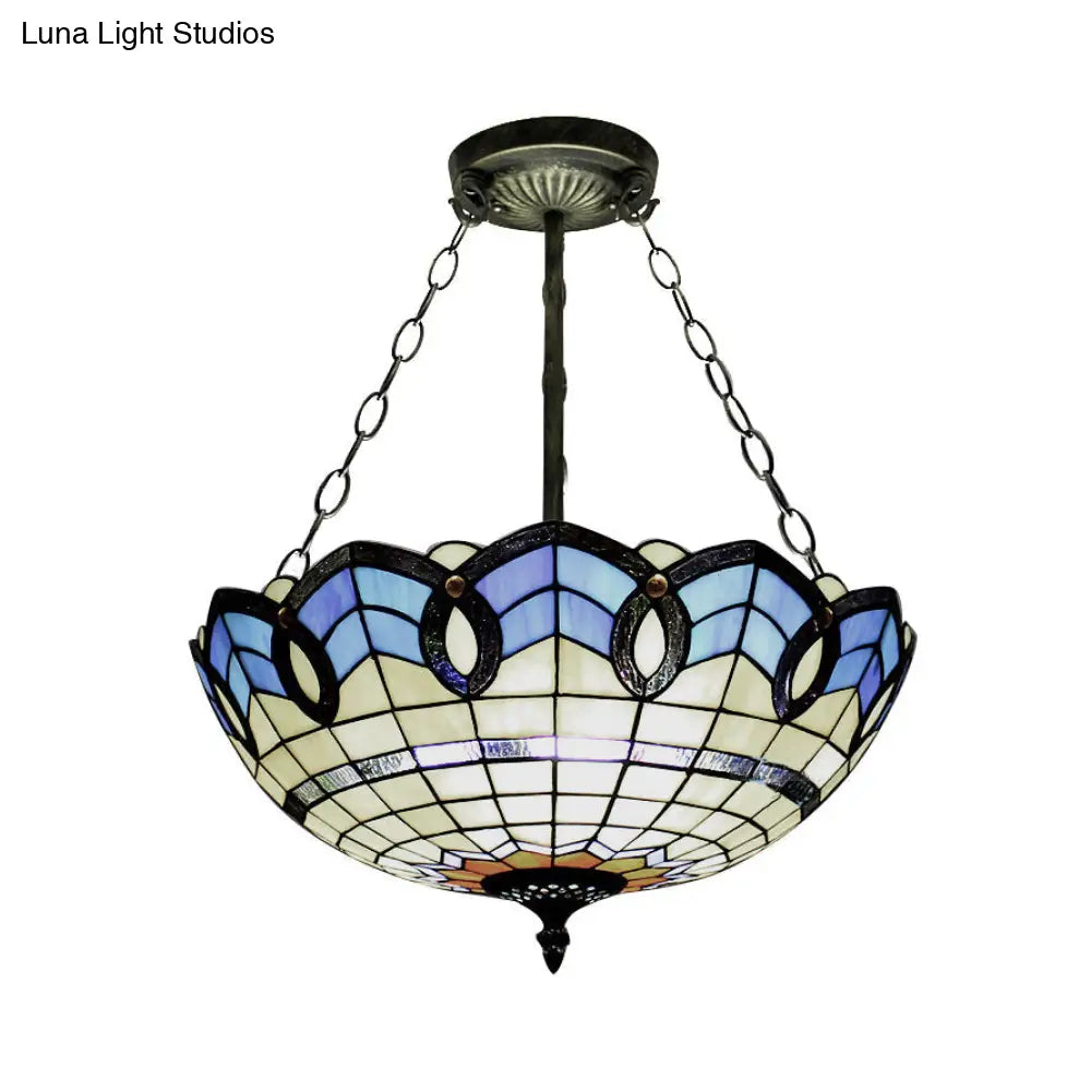 DecorBites™ DecorBites™ Stained Glass Inverted Ceiling Lamp - Tiffany Baroque Semi Flushmount Light in Beige/Yellow/Antique Bronze - Multiple Sizes Available