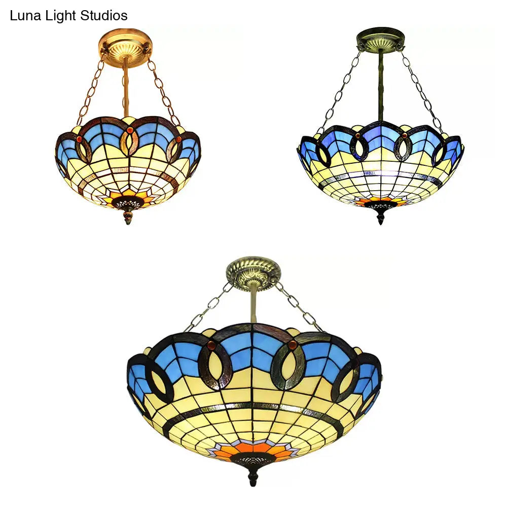 DecorBites™ DecorBites™ Stained Glass Inverted Ceiling Lamp - Tiffany Baroque Semi Flushmount Light in Beige/Yellow/Antique Bronze - Multiple Sizes Available