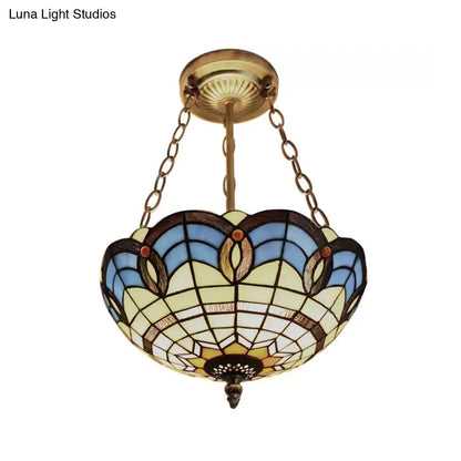DecorBites™ DecorBites™ Stained Glass Inverted Ceiling Lamp - Tiffany Baroque Semi Flushmount Light in Beige/Yellow/Antique Bronze - Multiple Sizes Available
