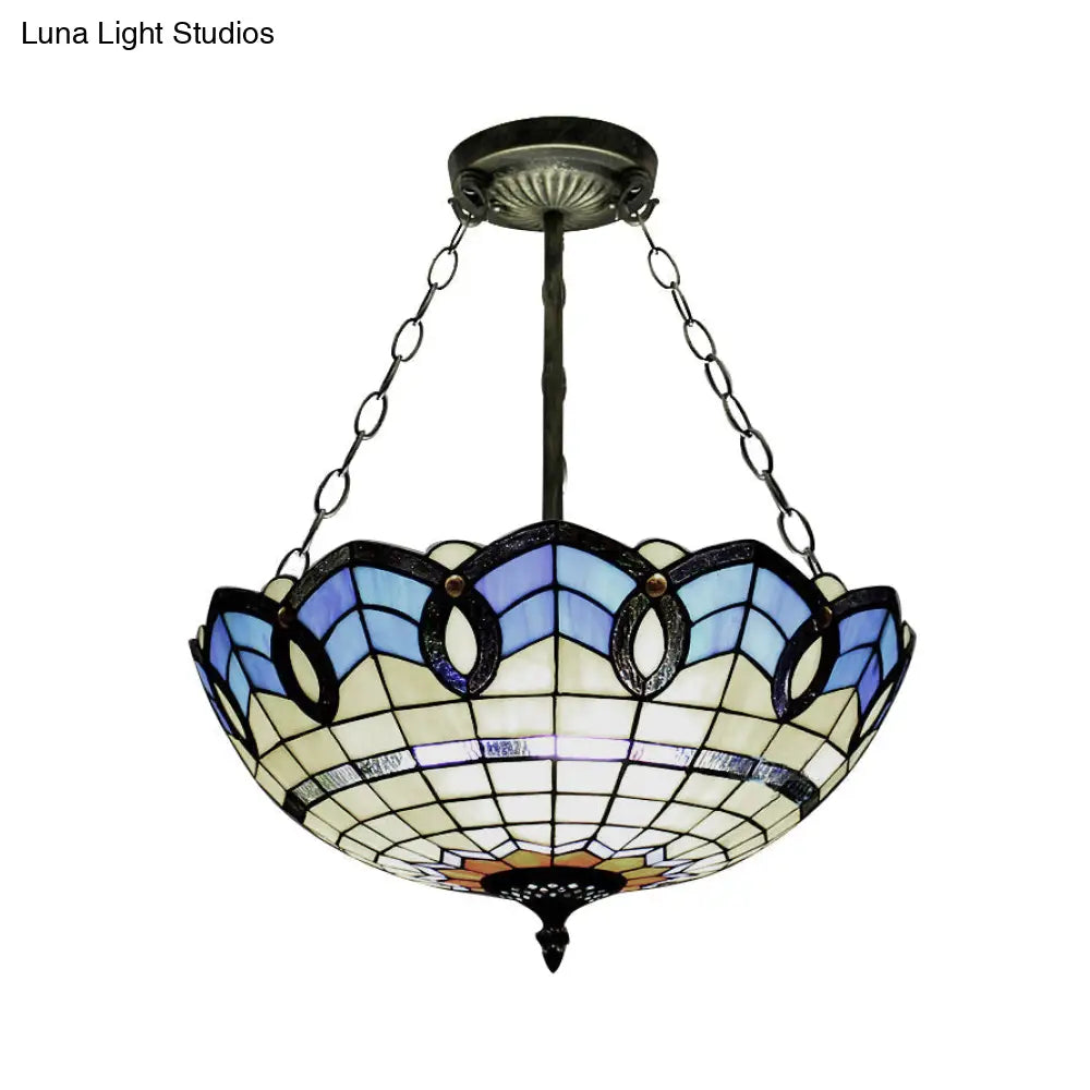 DecorBites™ DecorBites™ Stained Glass Inverted Ceiling Lamp - Tiffany Baroque Semi Flushmount Light in Beige/Yellow/Antique Bronze - Multiple Sizes Available